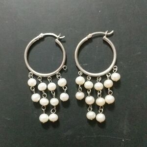 Sterling Silver White Freshwater Pearl Hoop Dangle Statement Earrings
